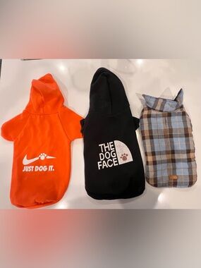 Dog Hoodie Bundle “Just Dog It” + Dog Face Sweatshirt + Plaid Coat 17–18” Medium